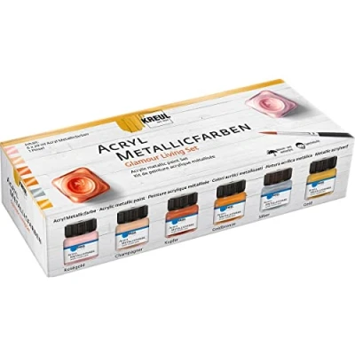 Immagine di KREUL 77601 Color Living Set di 6 barattoli 20 ml Vernice acrilica metallica con 1 pennello in crema a copertura totale Asciugatura rapida e impermeabile