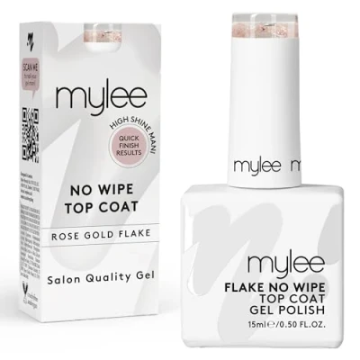 Immagine di Mylee Flake No Wipe Top Coat Senza Dispersione con Fiocchi Oro Rosa per Smalto gel Semipermanente 15ml UV/LED Soak off, Nail Art, Manicure &amp; Pedicure, Uso Professionale e Domestico