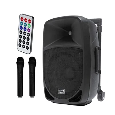 Immagine di Italian Stage IS FR12AWV2 Sistema audio Trolley Amplificato 12&quot; a batteria con 2 microfoni wireless UHF, SD Card, USB, modulo Bluetooth e telecomando, 200w di Picco, Nero