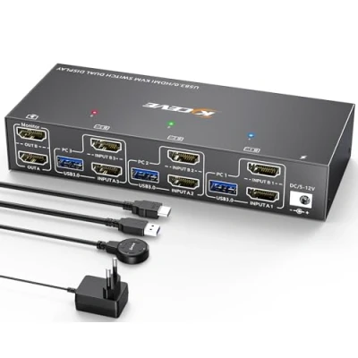 Immagine di Switch KVM USB 3.0 HDMI 2 Monitor 3 Computer, Emulatore EDID, YOUTINGHDAV 4K 60 Hz, 2.0, Dual PC Tastiera Condivisa Mouse con Telecomando e 5 Cavi