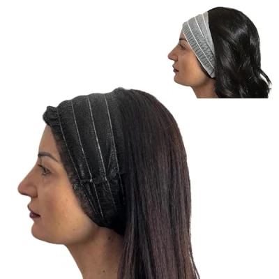 Immagine di 100 PZ Fasce Elastiche Capelli Monouso in TNT Imbustate Singolarmente Fascia Testa Usa e Getta per Estetista, Spa, Centri Benessere Colore Nero (100 Unità)
