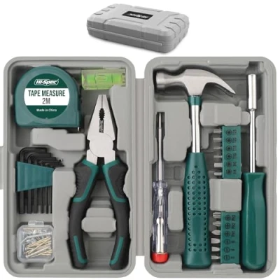 Immagine di Set Hi Spec 25pz Kit di attrezzi compatti verdi per casa e ufficio fai da te. base riparazioni domestiche in una scatola portatile