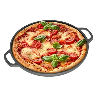 Immagine di Chef Pomodoro Teglia per Pizza Rotonda in Ghisa Antiaderente da, con Maniglie, Resiste ad Alte Temperature, Padella Adatta a Forni, Barbecue, Falò (30 cm)
