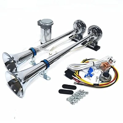 Immagine di YIYIDA Tromba d&#039;aria Car Horn 12V Air clacson doppio tubo alto e basso 165db per camion in argento cromato con zinco pompa ad aria van moto barca treno ecc