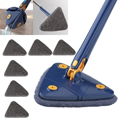 Immagine di Earnmore mocio triangolare girevole a 360 gradi, telescopico regolabile, multifunzione, Push Pull automatico (blu + 6 cuscinetti)