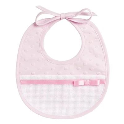 Immagine di Filet Bavaglino Realizzato in Morbido Tessuto Effetto Pois 3D con Tasca Tela Aida da Ricamare, Fiocco Raso, Chiusura Laccetti, Ideale per i Neonati, Made Italy, Colore Rosa