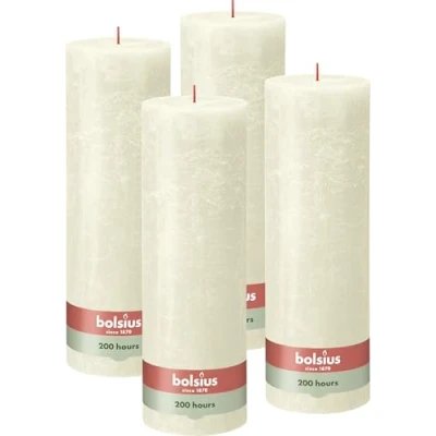 Immagine di Bolsius Rustik Candela XXL Avorio Set di 4 candele decorative per la casa Lunga durata combustione 200 ore non profumate Include cera naturale vegana senza olio palma 30 x 10 cm