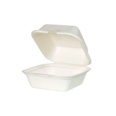 Immagine di GREENBOX 50 x scatole per hamburger biologiche usa e getta, in canna da zucchero, biodegradabili, 500 ml, coperchio pieghevole, scatola 14,3 15 cm