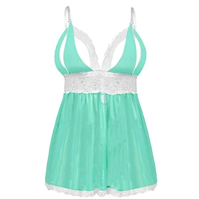 Immagine di EVELIFE Lingerie Donna Sexy Pizzo Floreale Taglie Forti Babydoll e G String Set Scollo a V Camicia da Notte Trasparente Completo Intimo Biancheria (Verde L)