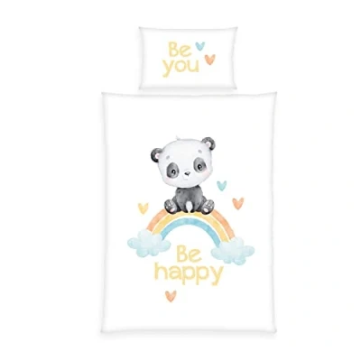 Immagine di Herding Biancheria da Letto per Bebè Panda con Arcobaleno, MADE IN GREEN by OEKO TEX, Federa 40 x 60 cm Chiusura a Busta, Copripiumino 100 135 Cerniera, Cotone, Flanella