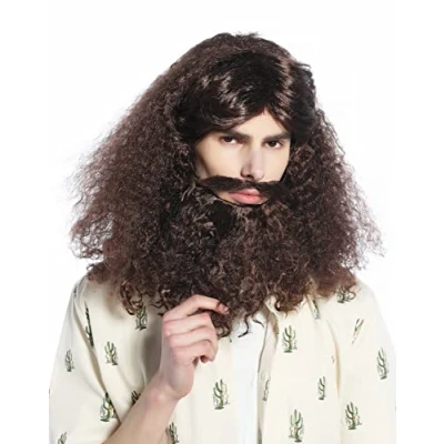 Immagine di WIG ME UP 210331 P4 Parrucca &amp; Barba Set Carnevale Halloween Lunga Riccia Castano Guru Hippie Hipster
