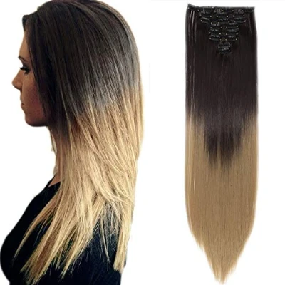 Immagine di SEGO 26&quot; 65cm Extension Clip Capelli Sintetici 8 Fasce 140g Lisci con 18 Clips Full Head (Marrone Scuro a Biondo Cenere)