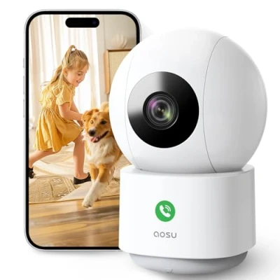 Immagine di AOSU Telecamera WIFI Interno, 2K Videocamera Sorveglianza Chiamata One touch, Rotazione a 360, Visione Notturna, Tracciamento del Movimento, Audio Bi direzionale, 5G/2.4GHz Wi Fi