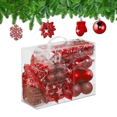 Immagine di Relaxdays Palline di Natale, Set 100 Addobbi Natalizi, Palle Opache, Lucide, Glitter, 10 Design Diversi, Plastica, Rosso