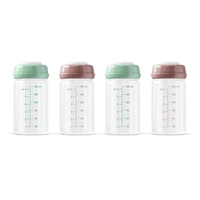 Immagine di bottiglie in vetro per latte materno di alta qualità, 180 ml, lavabili lavastoviglie, adatte al congelatore e microonde (4 conservare il materno, 4 x ml)