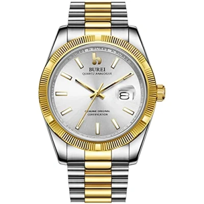 Immagine di BUREI quarzo uomo orologi di analogico data orologio da polso in vetro zaffiro con lente a due toni acciaio inox banda (argento+oro+argento)