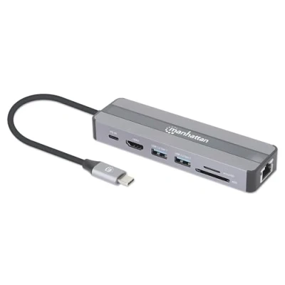 Immagine di Manhattan Docking station USB C 7 in 1 con Power Delivery (USB C, 7 Porti), + Hub USB, Argento, Nero