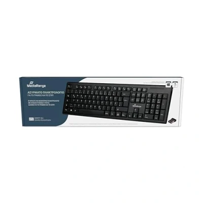 Immagine di MediaRange tastiera wireless con 105 tasti, layout QWERTY (GR), PC ricevitore USB 2.0 Nano, portata 10 m, resistente agli spruzzi d&#039;acqua e regolabile in altezza, nero