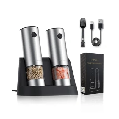Immagine di FORLIM macina pepe Elettrico Ricaricabile USB, sale e acciaio inox con luce a led, Nucleo macinante in ceramica spessore regolabile, fondo smontabile lavabile(Argento)