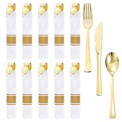 Immagine di Disnace Set di Posate Plastica da 10 Pezzi, per Feste in Miste Coltello e Forchetta con Tovaglioli Cucchiaio (Oro)