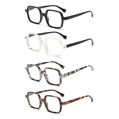 Immagine di JM 4 Pack Occhiali da Lettura Quadrati, Lettore di Computer con Blocco della Luce Blu per Donna Uomo, Cerniera a Molla +3.5