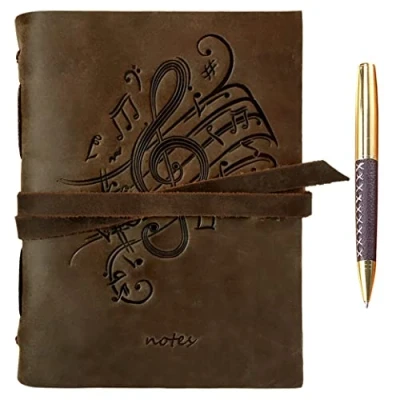 Immagine di Quaderno Appunti in Pelle Note Musicali A5 Diario di Viaggio Taccuino Donna e Uomo Fatto a Mano Agenda con Fogli Bianchi 21 x 15 cm (8&quot; 6&quot;) Idee per Regali Originali