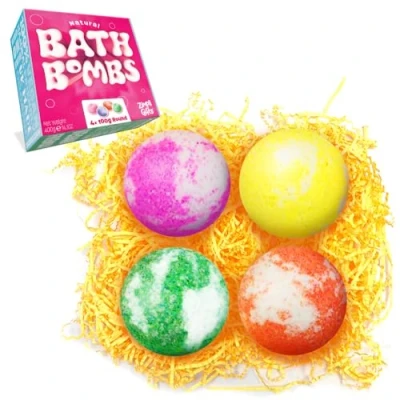Immagine di 4 x Set regalo di bombe da bagno grande valore Zimpli Gifts, perfette per idratare la pelle, fatte a mano, kit termale galleggiante e frizzante, rispettoso dei vegani privo crudeltà