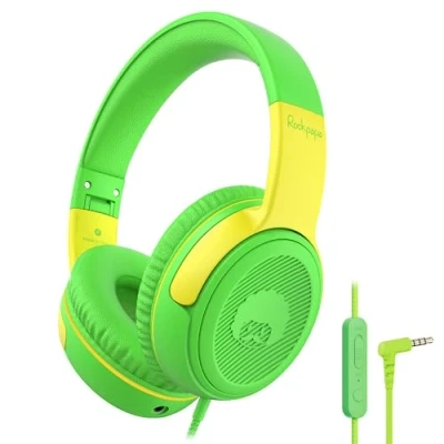 Immagine di RockPapa Share 1 Cuffie per Bambini, con Filo e Microfono Bambina Ragazzi, 85/94dB Limitatore di Volume, Funzione Condivisione, Pieghevoli Scuola/Telefono/PC, Verde Giallo