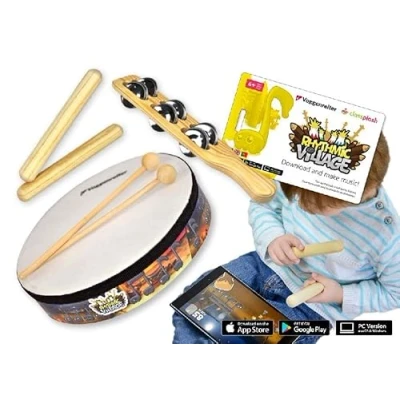 Immagine di Voggenreiter Set di percussioni per bambini dai 6 anni in su, con software apprendimento Rhythmic Village, app smartphone, tablet e computer (tamburo a mano + 2 bacchette, bacchette sonore,