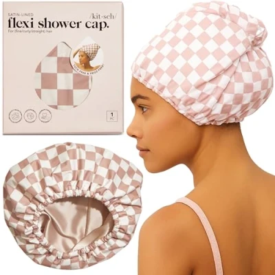 Immagine di Kitsch cuffia da doccia di lusso donna, impermeabile, flessibile, foderata in raso, riutilizzabile, regolabile per doccia, grande capelli