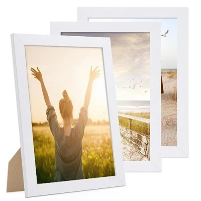 Immagine di PHOTOLINI cornici A4 21x30 cm bianco legno MDF, set di 3 larghe, moderne, plexiglass infrangibile, da tavolo o parete, accessori extra per una parete dal look raffinato