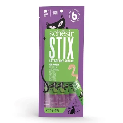 Immagine di Schesir Stix, Gusto Anatra, Snack cremosi e complementari per gatti(12 bustine da 6 snack)