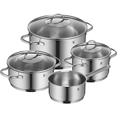 Immagine di WMF Provence Plus Set di pentole, 4 pezzi, pentola per arrosto, pentole carne, casseruola, con manico, bordo versare, coperchio in vetro, acciaio inossidabile lucidato Cromargan, adatte piani a induzione, lavabili lavastoviglie