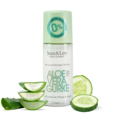 Immagine di Jean&amp;Len Deo Roll On aloe Vera Gurke, freschezza duratura, anche per dopo la depilazione, con vitamina E, estratto di cetriolo e vera, senza sali alluminio alcol, vegano, da 50 ml