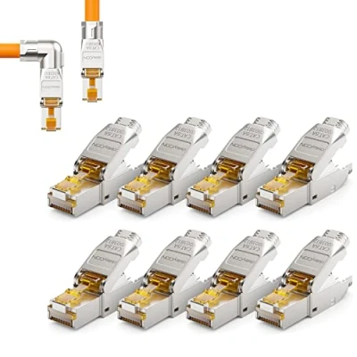 Immagine di deleyCON 8x CAT 6a Connettore di Rete a 90 Angolo RJ45 Senza Attrezzi con Schermatura 10 Gbit/s Spina per la Posa Rigidi Cavi Grezzi Ethernet LAN Cavo Patch DSL