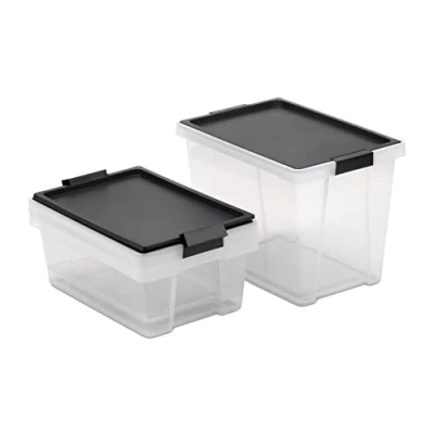 Immagine di TATAY Set di 3 Scatole con Coperchio, 2 x 7L, 1 15L, Maniglie, Coperchio 100% Materiali Riciclati, senza BPA, Trasparente, Nero. Dimensioni 25 36 29 cm