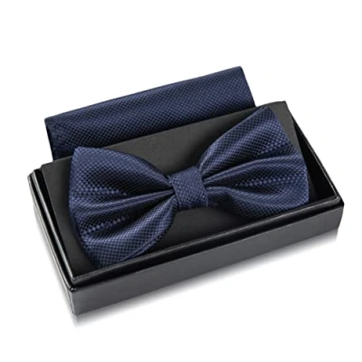 Immagine di Papillon blu scuro con fazzoletto da uomo Set per matrimonio regolabile in