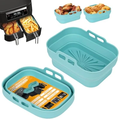 Immagine di Alyvisun Teglia per Friggitrice ad Aria, 2 Pezzi Stampi Silicone Air Fryer Riutilizzabile Contenitore Teglie Aria Contenitori Cestello Vaschette Airfryer, Forno, Microonde (Blu)