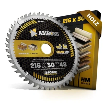 Immagine di Lama per sega circolare HM 216 x 30 Z48 batteria legno taglio fine AMBOSS WERKZEUGE® mm compatibile con Bosch GTS 635 Metabo TS Festool KS 60. SYM 70.