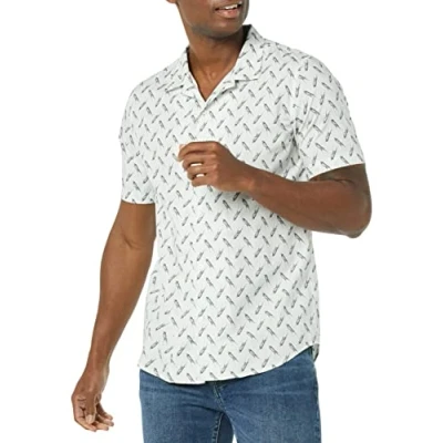 Immagine di Amazon Essentials Camicia da Vacanza a Maniche Corte con Bottoni dalla vestibilità Aderente Uomo, Blu Chiaro Stampa Uccello, M