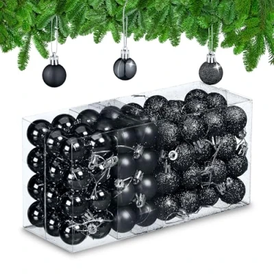 Immagine di Relaxdays Palline di Natale, Set da 96 Palle Opache, Lucide, Glitterate, HxD: 4x3 cm, Addobbi Albero Natalizi, Nero
