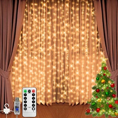 Immagine di Jsdoin luce tenda 3m x 300LED con 8 modalità telecomando timer luminosità regolabile, camera da letto, giardino, festa, matrimonio, fata (bianco caldo)