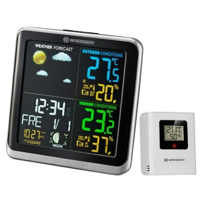 Immagine di Bresser ClimaTemp TB 7007201 stazione meteo wireless con sensore da esterno, display a cristalli liquidi LCD colori e due sveglie, nero grigio