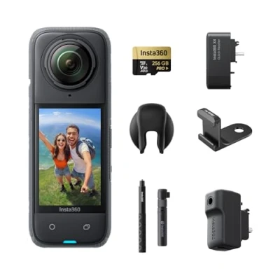 Immagine di Insta360 X4 Pack Creator Action Cam 360 8K Impermeabile, Video Grandangolari in 4K, Selfie Stick Invisibile. Protezioni Lenti Rimovibili, Autonomia Batteria 135 min, Editing IA, Stabilizzazione