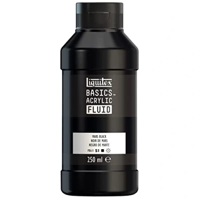 Immagine di LIQUITEX 8870429 Basics Fluid, pitura acrilica di consistenza fluida, asciugatura rapida, resistente alla luce, impermeabile, a base d&#039;acqua, flacone da 250 ml, nero marte