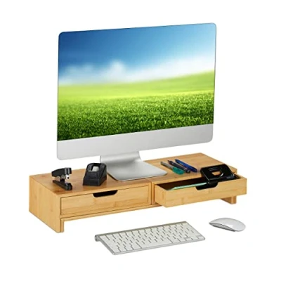 Immagine di Relaxdays Supporto per Monitor, Rialzo 2 Schermi da Scrivania, Regolabile HLP: 11 x 107 22 cm, Marrone Naturale, 90% bambù 10% Fibra di Legno