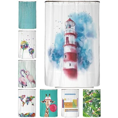 Immagine di arteneur® Tenda da doccia antimuffa, 120x200 cm, materiale riciclato Öko Tex Standard 100, orlo zavorrato, non trasparente, impermeabile, lavabile, con 8 anelli ed e book, motivo: faro