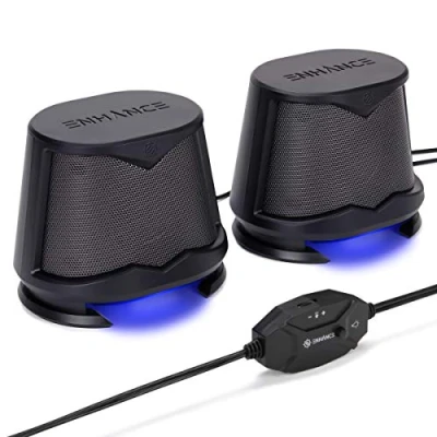 Immagine di ENHANCE Altoparlanti SB2 per PC con luci LED blu e design alimentato tramite USB 2.0, suono di picco da 10 W, connessione cablata 3,5 mm, controllo del volume in linea, compatibile desktop