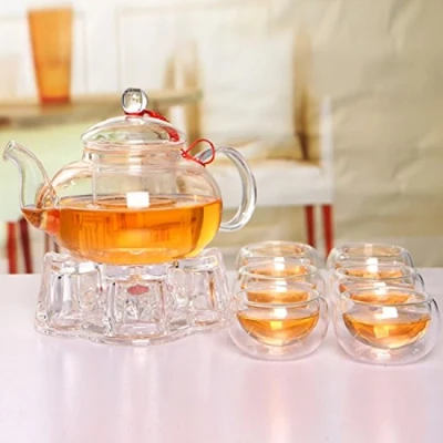 Immagine di Beddingleer, elegante teiera in vetro resistente al calore + scalda 6 tazze da tè trasparenti, 600 ml #02