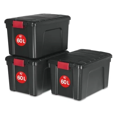 Immagine di Iris Ohyama, grande contenitore in plastica, per garage da 60 litri, Lotto di 3, SIA 60, nero, impilabile, clip chiusura L59 x P39,5 A35,5 cm